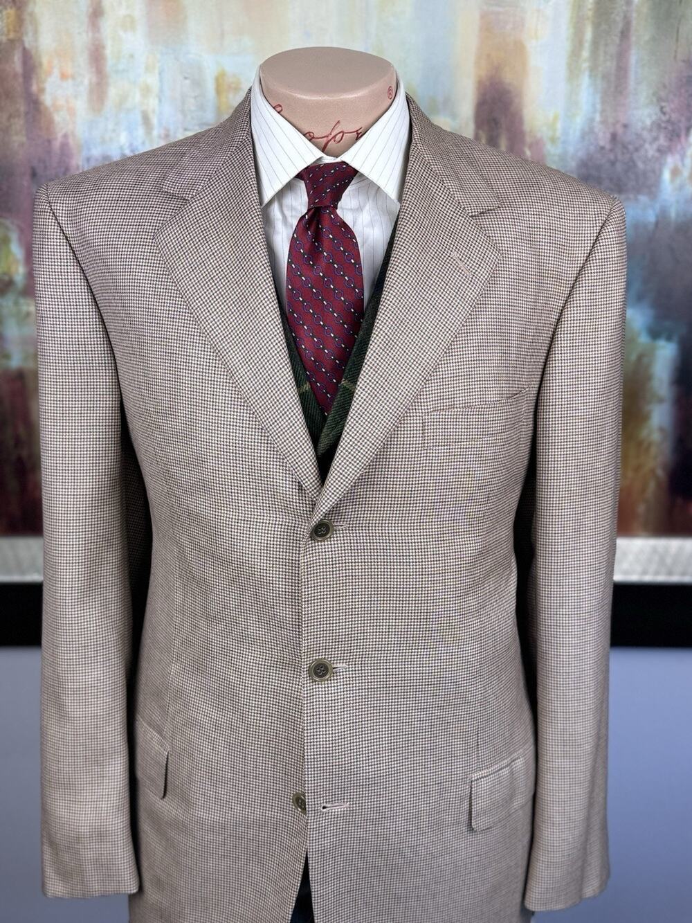 Brioni Nomentano Blazer 44L Cashmere Silk Cream Orange Houndstooth Sport Coat